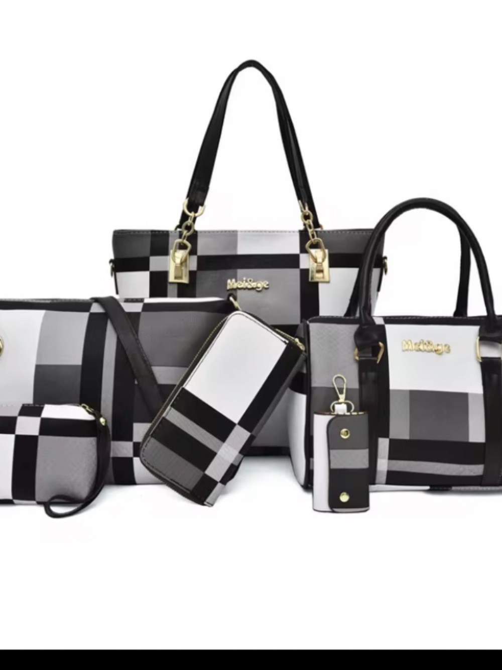 Black & White Check Tote Bag Set